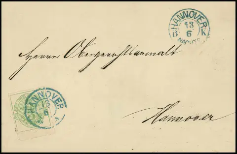 3 Pfge. vert, pièce de bord inférieur sur papier fin satiné rare, en affranchissement unique sur lettre locale de cabinet de Hanovre, le timbre oblitéré avec K2 normal, mais avec K2 secondaire "B.K. Nachts", ce qui est inhabituel. Nom du destinataire effacé, certificat Berger