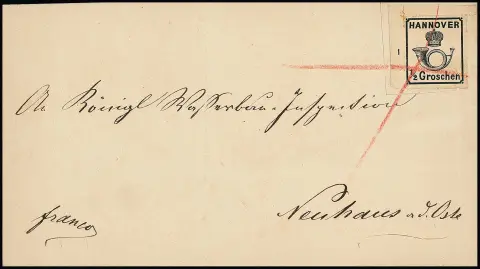 1/2 Gr. noir, gomme blanche, grand coin supérieur gauche de feuille (à droite léger pli) sur lettre rare de collection de lettres avec seulement oblitération au trait rouge (probablement de Cadenberge) pour Neuhaus a.d. Oste. Dans le papier à lettres, entaille à côté du timbre. Ex Dr. Blahak
