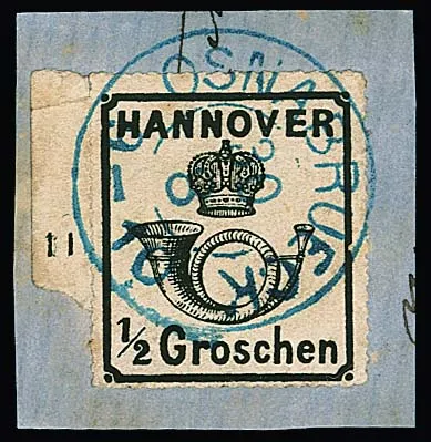 1/2 Gr. noir, gomme blanche, avec partie du bord gauche de feuille et numéro de rangée "11", sur superbe fragment de lettre avec K2 centrique "Osnabrück". Photoexp. Jäschke-L.…