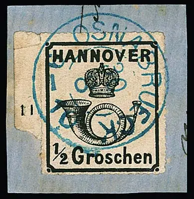 1/2 Gr. noir, gomme blanche, avec partie du bord gauche de feuille et numéro de rangée "11", sur superbe fragment de lettre avec K2 centrique "Osnabrück". Photoexp. Jäschke-L.…