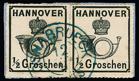 1/2 Gr. noir, gomme blanche, en paire sur petit fragment de lettre de cabinet avec K2 "Osnabrück", attestation Berger. Mi. 750,-