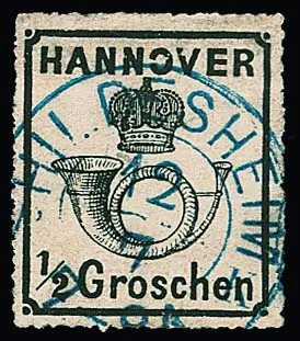 1/2 Gr. noir, gomme blanche, pièce magnifique perforée typique de l'émission avec défaut de plaque clair "O de HANNOVER ouvert à gauche", en outre avec K2 centrique "Hildesheim BK", introduit tardivement. Mi. 600,-