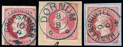 1 Gr. rose, deux fragments de lettre bien oblitérés, "Dornum" (timbre papier fin) et "Hankenbüttel", ainsi que deux pièces de luxe détachées avec K2 idéaux "Neuhaus a.d.O." et "Grossander"