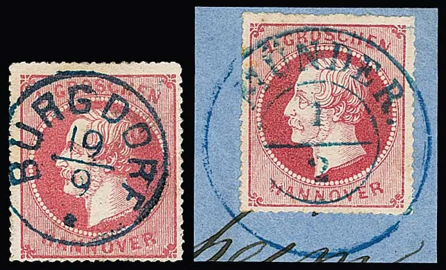 1 Gr. roze tweemaal los (ideale K1 "Burgdorf" en "Ottersberg"), evenals vier kabinet briefstukken, o.a. K2 "Münder" en "Basbeck"