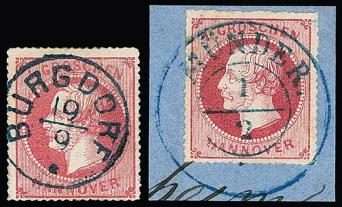 1 Gr. rose deux fois détaché (K1 idéal "Burgdorf" et "Ottersberg"), ainsi que quatre fragments de lettre de cabinet, entre autres K2 "Münder" et "Basbeck"