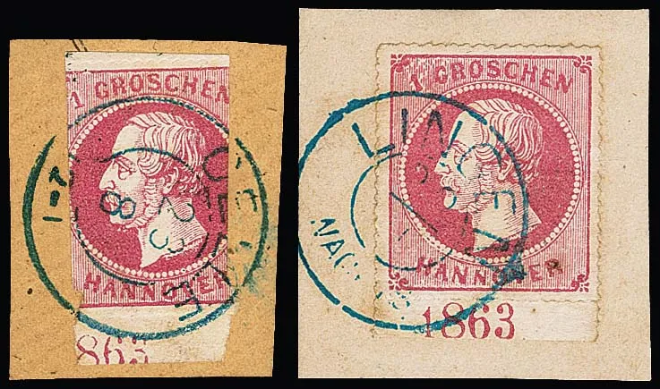1 Gr. rose, deux fragments de lettre chacun du bord inférieur avec années "1863", positions III (cabinet, photo-exp. Jäschke-L.) et IV (extrêmement rogné comme une moitié, peut-être fraude postale, attestation Berger)