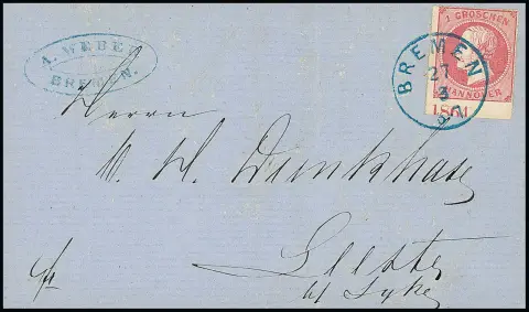1 Gr. rose du bord inférieur avec année "1864" sur lettre magnifique avec K1 "Bremen", expertise photo Jäschke-L. "sans défaut"