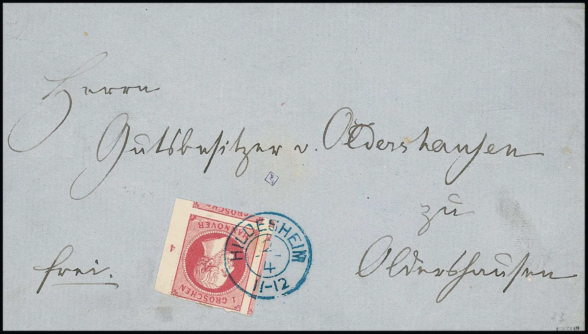 1 Gr. rose du bord droit de feuille, impeccable, découpé de façon inhabituelle sur deux côtés avec parties de trois timbres voisins sur lettre avec K2 "Hildesheim", signé Bühler