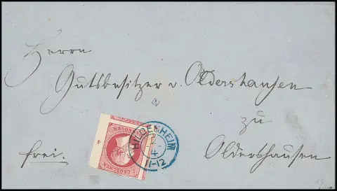 1 Gr. rose du bord droit de feuille, impeccable, découpé de façon inhabituelle sur deux côtés avec parties de trois timbres voisins sur lettre avec K2 "Hildesheim", signé Bühler