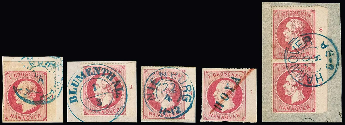 1 Gr. rose, dix pièces de bord droit oblitérées, numéros de rangée "1" à "11", sans "10", complet