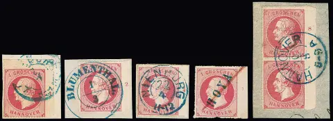 1 Gr. rose, dix pièces de bord droit oblitérées, numéros de rangée "1" à "11", sans "10", complet