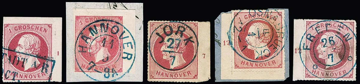 1 Gr. rose, 13 bords oblitérés avec numéros de rangée, dont trois coins de feuille