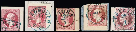1 Gr. rose, 13 bords oblitérés avec numéros de rangée, dont trois coins de feuille