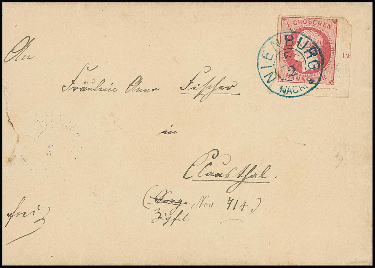1 Gr. roze, rechteronder velhoek cabinet met Rz. "12" op brief (deze met klein papierfoutje aan rand) met K2 "Nienburg", plus linker randstuk ("4") op brief