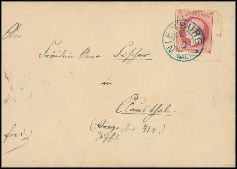 1 Gr. rose, coin de feuille inférieur droit de cabinet avec Rz. "12" sur lettre (celle-ci avec petit défaut de papier en marge) avec K2 "Nienburg", plus bord gauche ("4") sur lettre