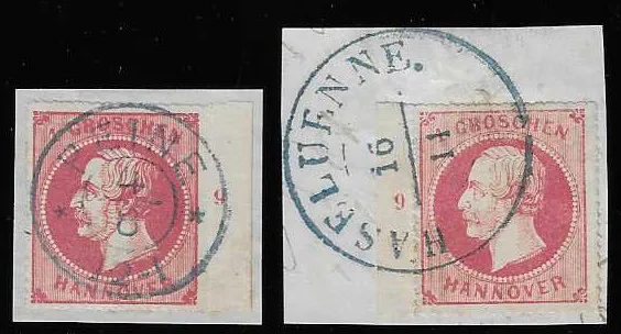 1 Gr. rose, chacun du bord de feuille à gauche et à droite, les deux avec numéro de rangée "9", mais à des positions différentes, sur deux fragments de lettre de cabinet, avec K2 "Haseluenne" et "Peine"