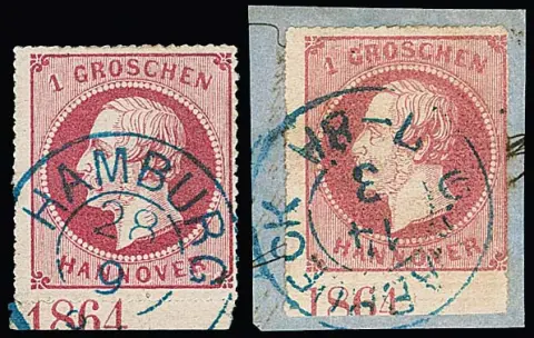 1 Gr. rose, deux pièces de bord inférieur oblitérées avec chacune l'année "1864" (position I)
