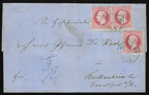 1 Gr. rose, trois exemplaires sur lettre superbe avec K2 "Münden" pour Bockenheim, un timbre avec défaut de plaque net "tache blanche sur le S de GROSCHEN"