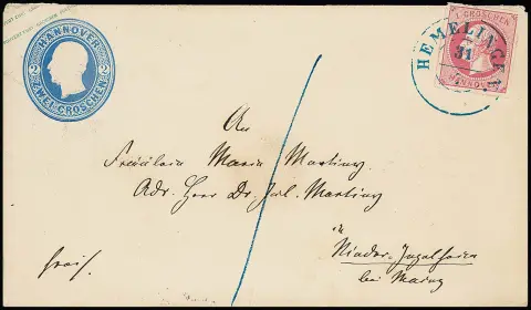 1 Gr. rose, pièce superbe collée en haut un peu au-delà du bord sur entier 2 Gr. bleu, avec K2 "Hemelingen" pour Nieder-Ingelheim près de Mayence (taxe "1" pour 1 Kr. de frais de distribution locale)