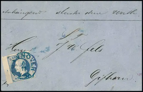 2 Gr. bleu, bord gauche avec numéro de rangée "2" (léger pli oblique) sur lettre intéressante "Muster ohne Werth" de Hanovre à Gifhorn, signé Köhler
