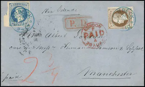 2 Gr. bleu avec partie du bord gauche et 3 Gr. brun sur lettre de cabinet avec K2 "Emden" 1865 pour Manchester/Angleterre