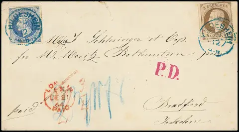 2 Gr. bleu et 3 Gr. brun, pièces superbes avec K2 "Hildesheim" sur enveloppe étrangère (traces, dont déchirure en haut au centre) 1864 pour Bradford/Angleterre