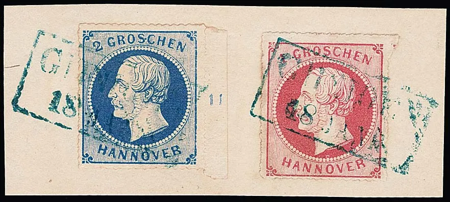 2 Gr. blau, einmal mattblau auf dünnem Papier, sieben gestempelte Randstücke mit Reihenzahlen, einmal nebst 1 Gr. rosa auf Briefstück