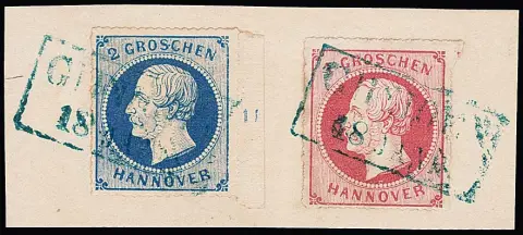 2 Gr. bleu, une fois bleu mat sur papier fin, sept bords avec numéros de rangée oblitérés, une fois avec 1 Gr. rose sur fragment de lettre