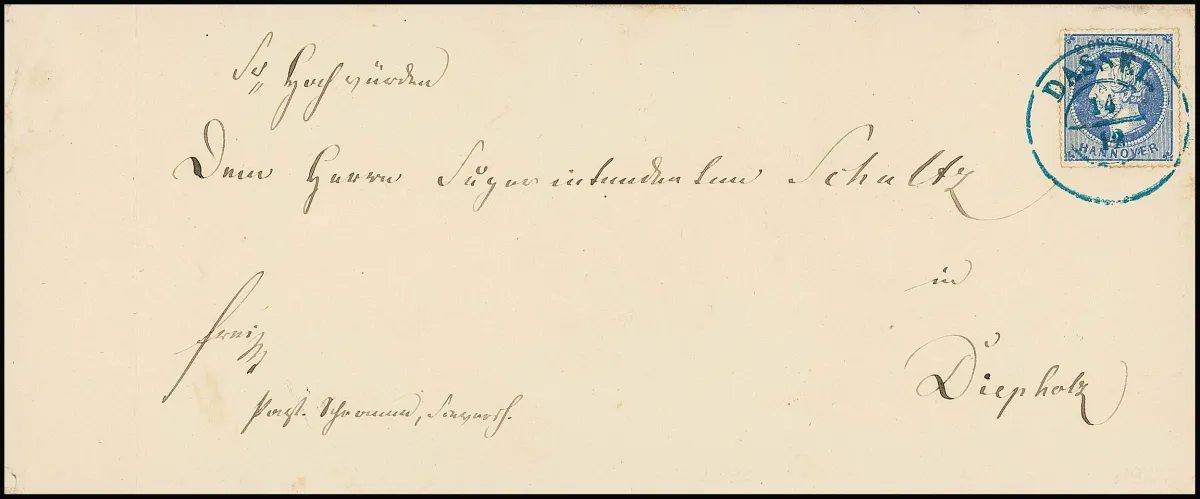2 Gr. bleu sur lettre de luxe pliée à gauche avec K2 centrique "Dassel", timbre avec défaut de plaque "encoche blanche du bord droit jusqu'au cercle intérieur"