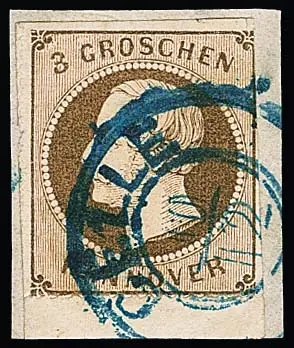 3 Gr. brun, gomme rose clair rare, du bord inférieur, séparation partielle aux ciseaux, sur fragment de lettre avec K2 "Celle", certificat Berger. Mi. 1500,-