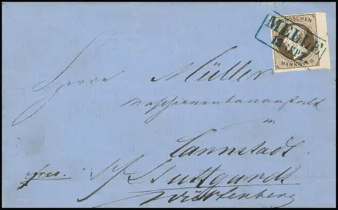 3 Gr. brun, pièce de cabinet du bord droit de la feuille (Rz. "2") sur lettre bleue avec Ra2 "Melle" pour Stuttgart