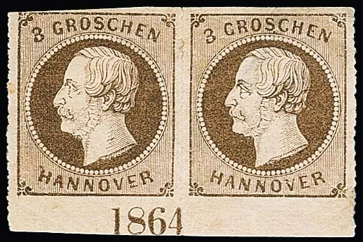 3 Gr. brun clair, rare paire non oblitérée du bord inférieur avec année "1864" complète, séparation aux ciseaux inévitable en bas en raison d'une perforation extrêmement décalée, signé Berger