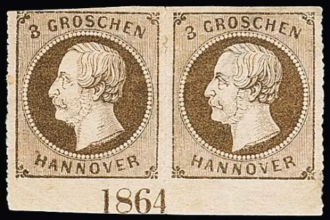 3 Gr. brun clair, rare paire non oblitérée du bord inférieur avec année "1864" complète, séparation aux ciseaux inévitable en bas en raison d'une perforation extrêmement décalée, signé Berger