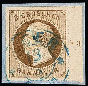 3 Gr. hellbraun mit fast vollständigem Durchstich, rechts Bogenrand und Reihenzahl "3", auf Briefstück mit seltenem Teilauflagen-Plattenfehler von Feld 30,…