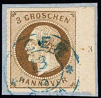 3 Gr. brun clair avec perforation presque complète, à droite bord de feuille et numéro de rangée "3", sur fragment de lettre avec rare défaut de plaque de tirage partiel du champ 30, "rayure blanche sur HANNOVER"