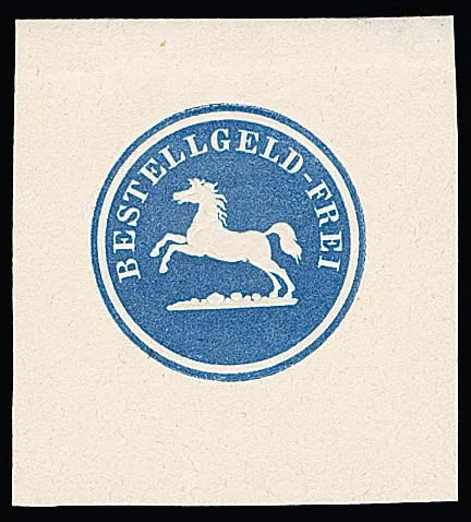 "Bestellgeld - Frei" met springend paard, officiële herdruk van de heelding-waardestempel in blauw op ongumd wit papier, foto exp. Lechte (Lechte nr.…