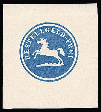 "Bestellgeld - Frei" avec cheval sautant, réimpression officielle du timbre-poste entier en bleu sur papier blanc non gommé, photoexp. Lechte (Lechte n°…