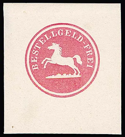 "Bestellgeld - Frei" avec cheval sautant, réimpression officielle du timbre-poste entier en rose sur papier blanc non gommé, photoexp. Lechte (Lechte n°…