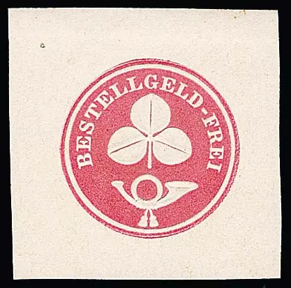 "Bestellgeld - Frei" avec trèfle sur cor de poste, réimpression officielle du timbre-poste entier en rose sur papier blanc non gommé, photoexp. Lechte (Lechte…