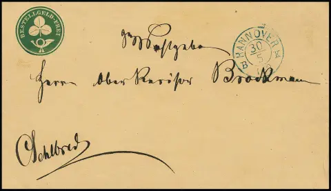 Entier postal de poste urbaine 5 Pfg. vert, type II, comme enveloppe locale proprement oblitérée avec K2 "Hannover B.K.", quart de rabat supérieur au dos renforcé