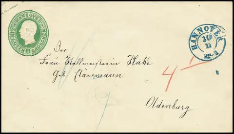 Entier postal 1 Ggr. vert, superbe enveloppe avec K2 "Hannover" pour Oldenburg, usage irrégulier de l'enveloppe intérieure (au dos K1 "B.K.4"), diverses taxes