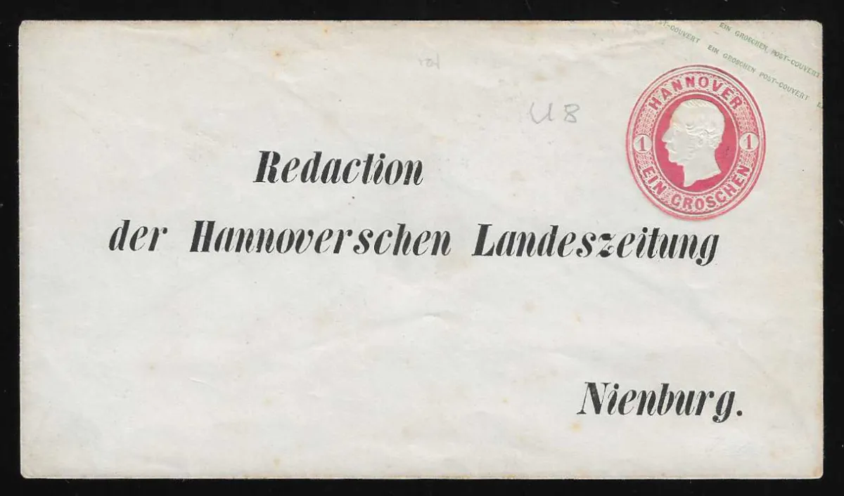 Entier postal 1 Gr. rose non oblitéré (au dos légère patine) avec rare surimpression privée "Redaction der Hannoverschen Landeszeitung Nienburg"