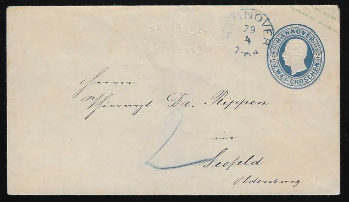 Entier postal 2 Gr. bleu de Hannover (K2) sous-affranchi pour Seefeld en Oldenburg avec taxe "2"