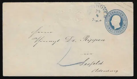 Entier postal 2 Gr. bleu de Hannover (K2) sous-affranchi pour Seefeld en Oldenburg avec taxe "2"