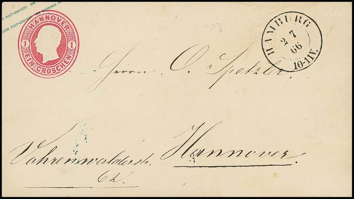 Entier postal 1 Gr. rose (min. possibilité d'ouverture) avec oblitération rare par K2 prussien "Hamburg" du 2.7.1866 vers Hanovre