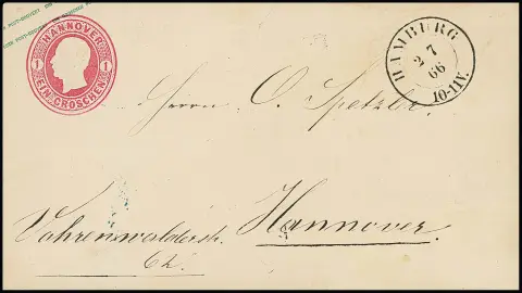 Entier postal 1 Gr. rose (min. possibilité d'ouverture) avec oblitération rare par K2 prussien "Hamburg" du 2.7.1866 vers Hanovre