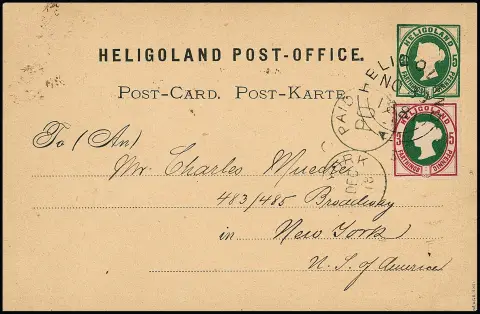 5 Pfg. en complément d'affranchissement sur carte entière 5 Pfg. vert avec cachet clair "Heligoland 30/11 81" comme carte postale de 10 Pfg. affranchie selon le tarif pour New York…