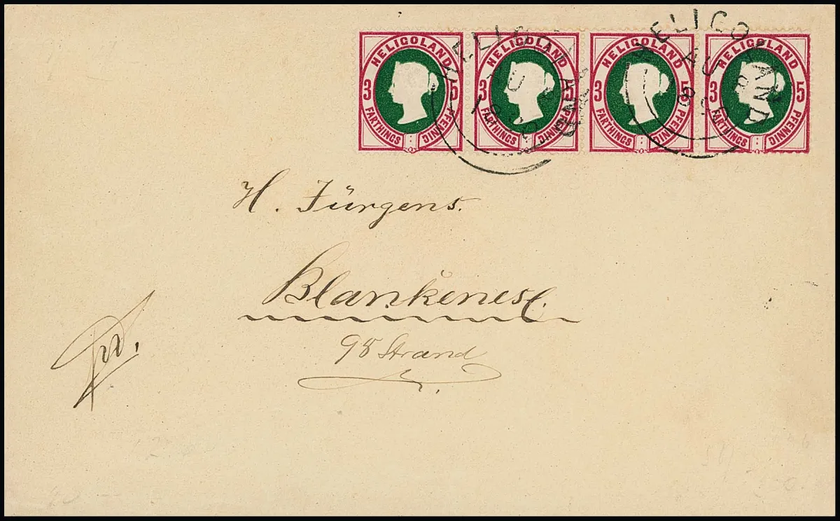 5 Pfg., 3e émission, en bande de quatre (valeur de droite dent courte) sur enveloppe de Heligoland à Blankenese 1890, photo-exp. Heitmann