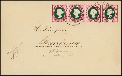 5 Pfg., 3e émission, en bande de quatre (valeur de droite dent courte) sur enveloppe de Heligoland à Blankenese 1890, photo-exp. Heitmann