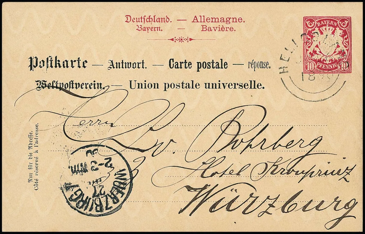 Carte-réponse entière de Bavière 10 Pfg. carmin usage réel avec cachet "Heligoland 26/6 1890" renvoyée à Würzburg avec cachet d'arrivée.…